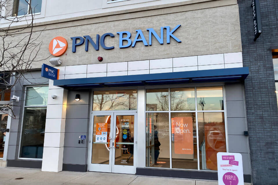The PNC Bank storefront with glass windows