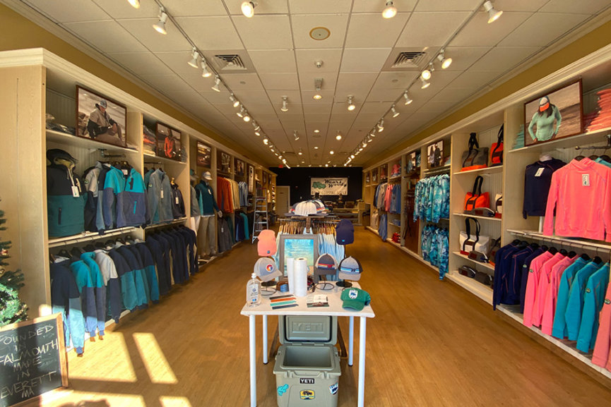 A retail showroom with products on the shelves